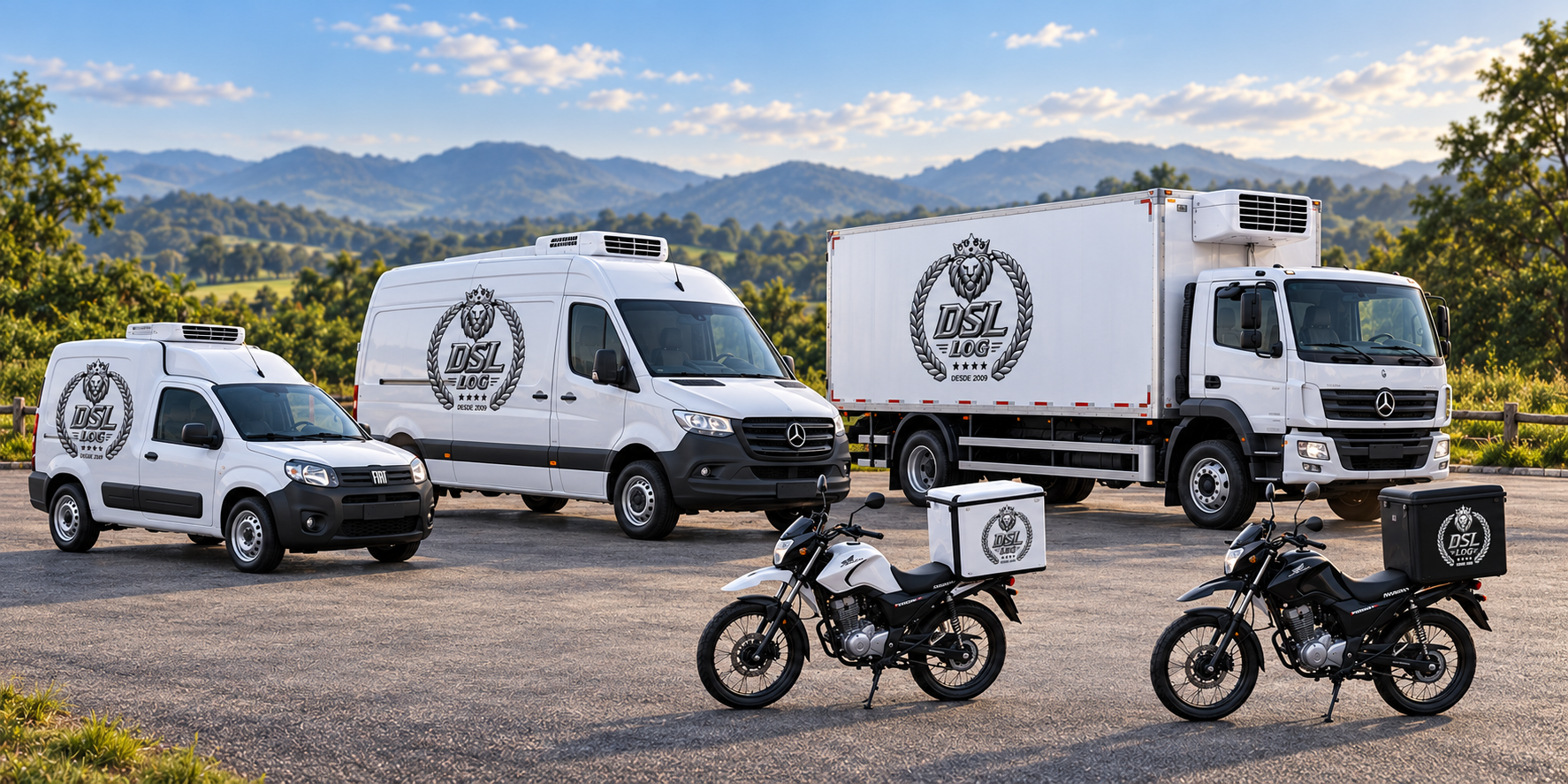 Frota ilustrativa DSL em cenário neutro: Fiorino, van e caminhão Mercedes-Benz refrigerados e duas motos com baús branco e preto